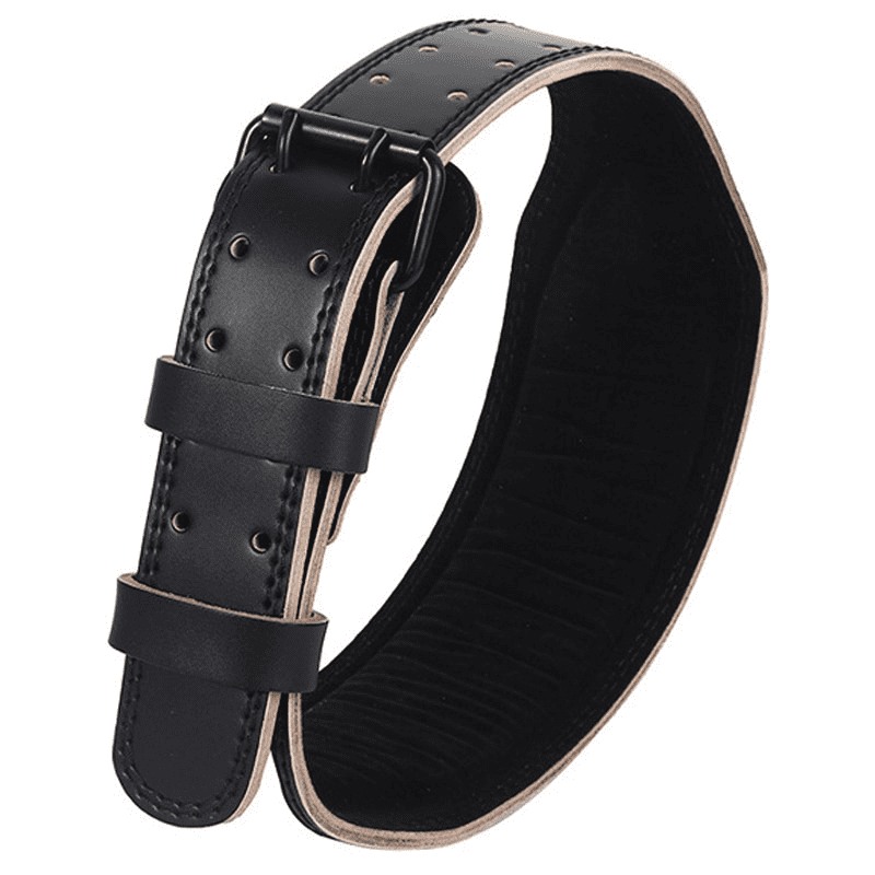 "Ceinture d'haltérophilie noire, détail de la fermeture solide."