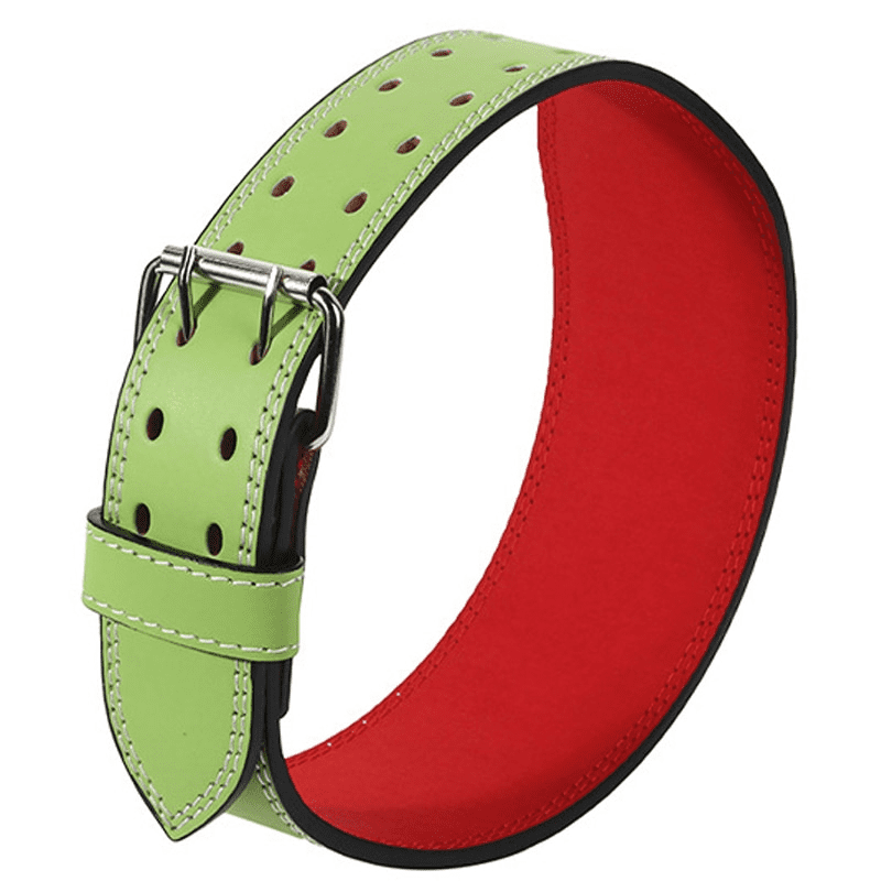 "Ceinture d'haltérophilie de couleur verte éclatante avec fermeture robuste."