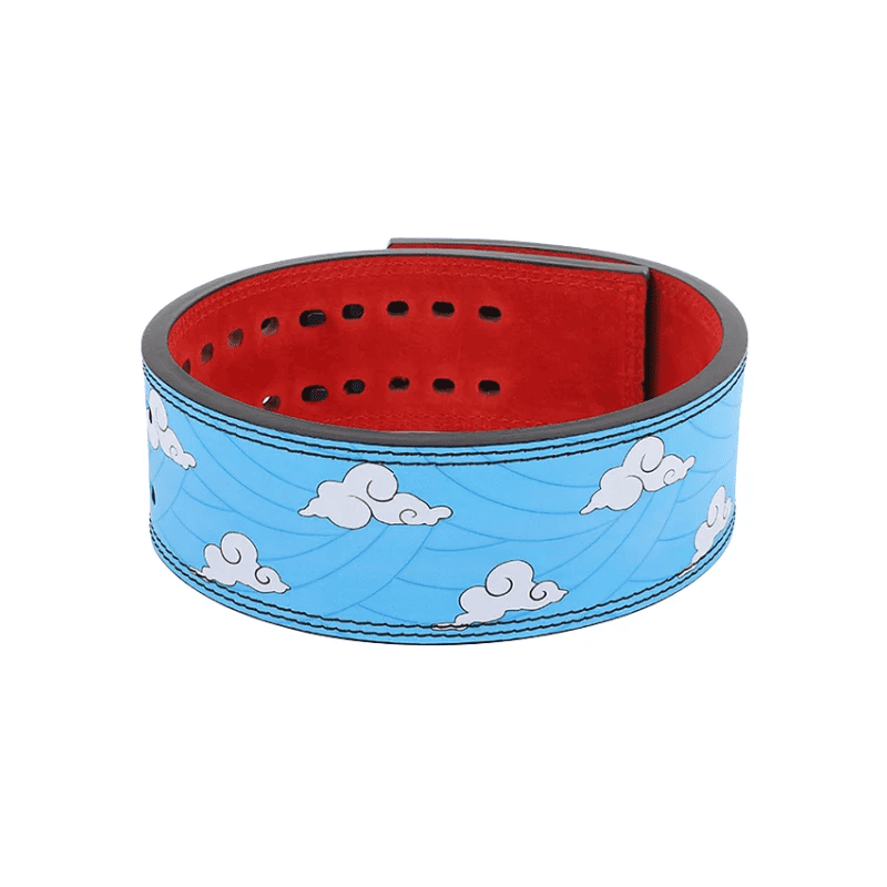 "Ceinture bleue et rouge pour haltérophilie, avec levier robuste en acier inoxydable noir."