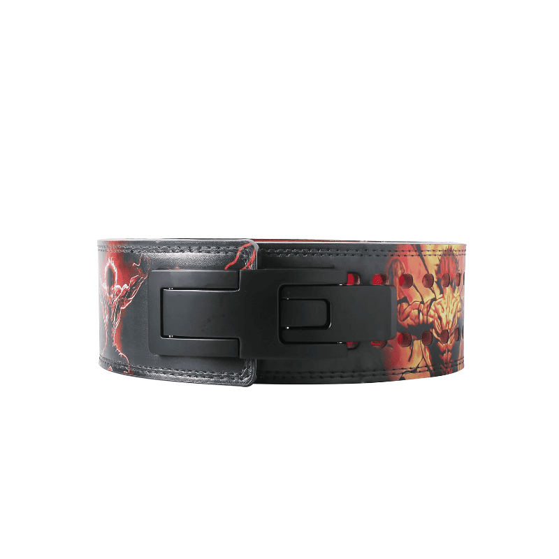 "Ceinture de powerlifting robuste avec emblème 'Demon's Back' de Yujiro Hanma sur fond noir."
