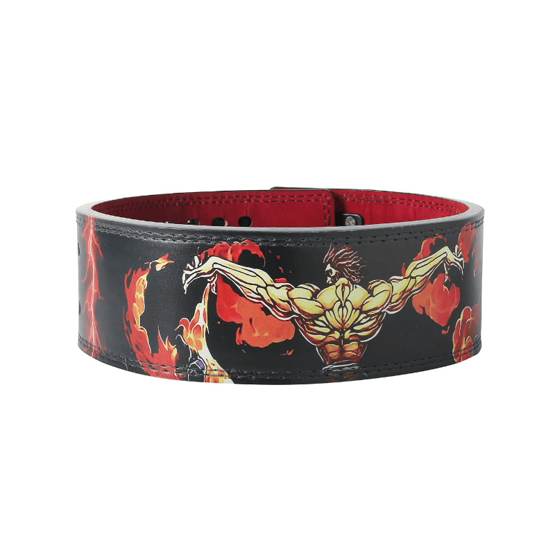 "Ceinture noire de musculation avec illustration détaillée du dos de démon de Yujiro Hanma pour un soutien optimal."