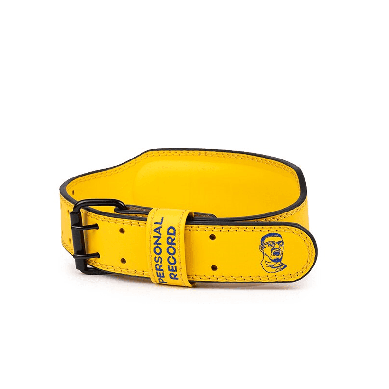 Gros plan de la Ceinture de Musculation "PR" Jaune, mettant en valeur sa couleur vive et sa construction robuste.
