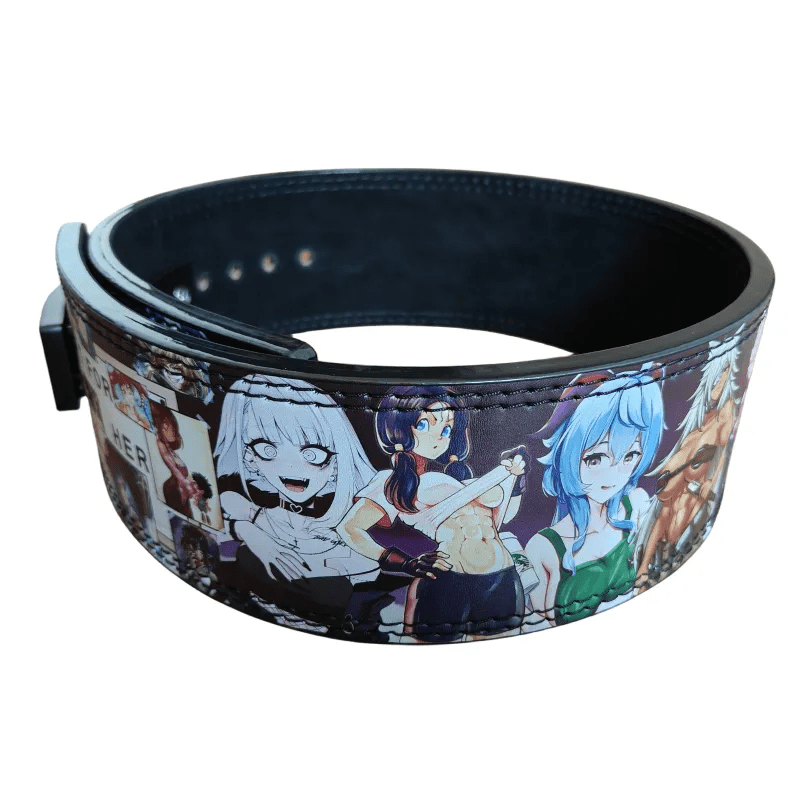 "Vue d'ensemble de la Ceinture de force Anime Muscle avec une variété de personnages emblématiques."