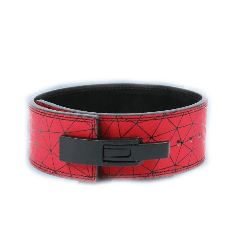 Gros plan du motif ligne sur le modèle rouge de la ceinture.