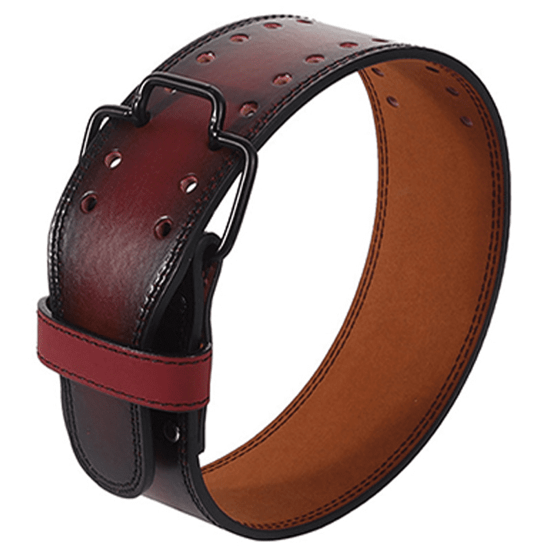 "Ceinture d'haltérophilie teinte marron avec boucle ajustable."