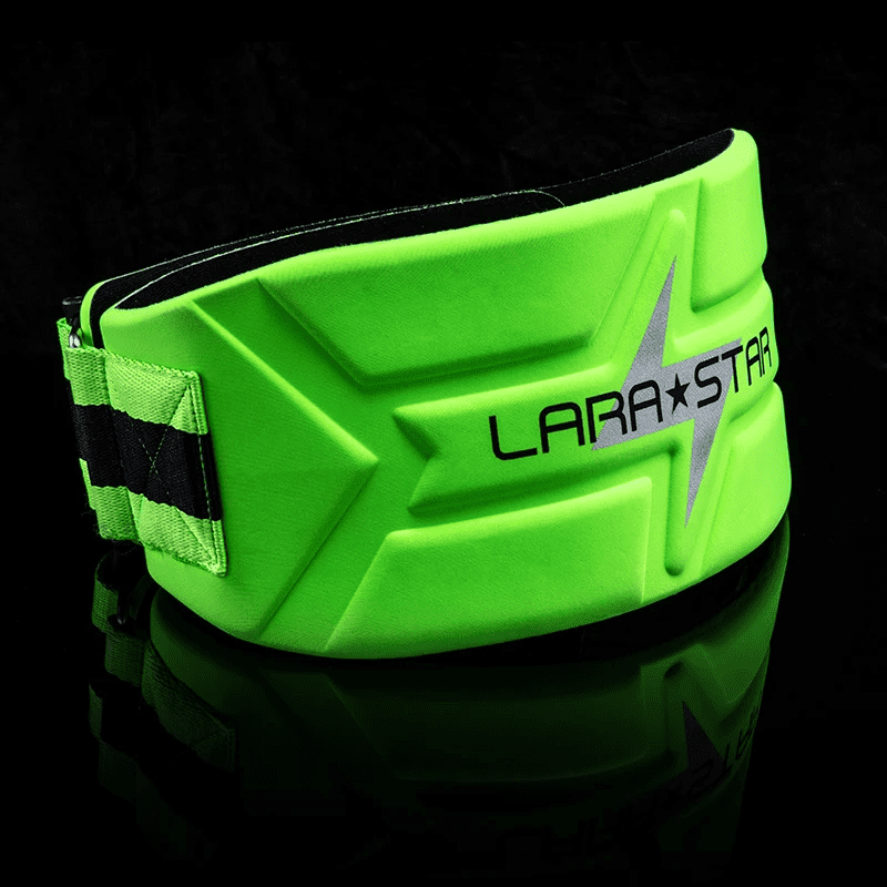"Ceinture lombaire de soutien vert fluo pour activités sportives et prévention des douleurs dorsales."