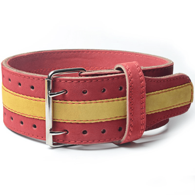 "Athlète musclé portant la Ceinture de Musculation Bicolore Rouge/Jaune pour un entraînement intense."