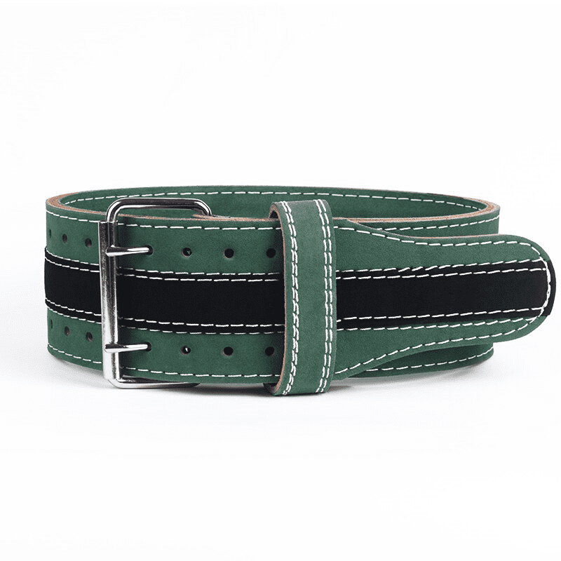 Alt Text 2: "Ceinture de musculation robuste en cuir avec design vibrant bicolore vert et noir."