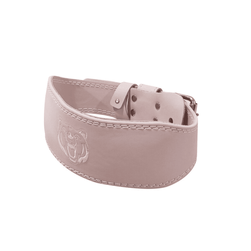 Ceinture de musculation rose brillante avec un logo d'ours, idéale pour un entraînement sérieux