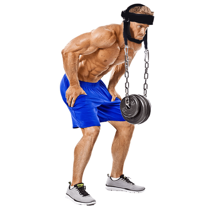 "AthlĂšte rĂ©alisant un exercice de musculation avec le harnais de tĂȘte."
