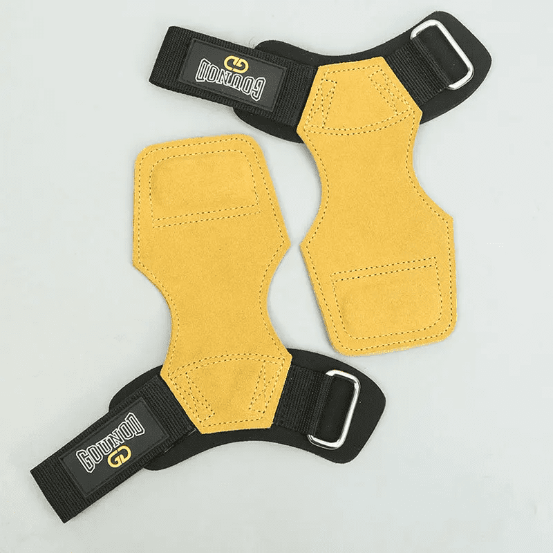 "Sangle en cuir jaune pour une prise ferme et élégante dans vos séances de musculation."