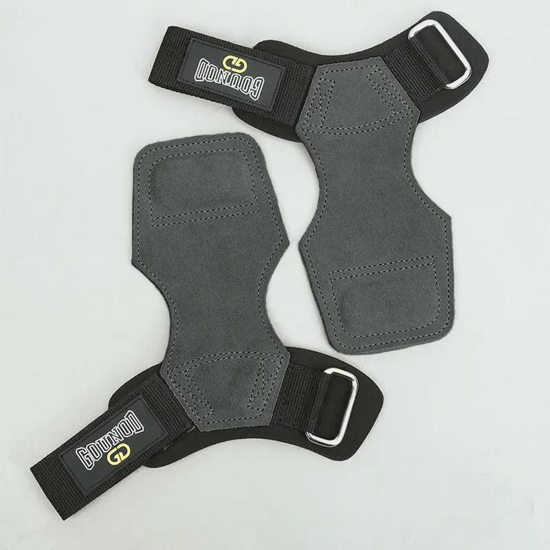"Sangle en cuir gris pour un soutien fiable et un look raffiné à la salle de sport."