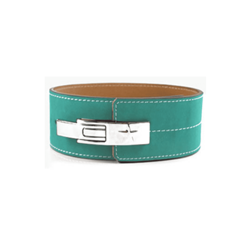 Ceinture de force à levier turquoise élégante et performante pour un soutien lombaire optimal lors des exercices de musculation et de powerlifting.