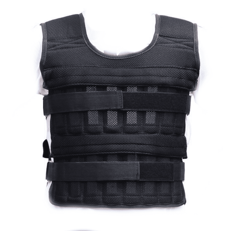 Gilet lesté ajustable à 35kg avec des plaques en métal pour un entraînement personnalisé et intensif.