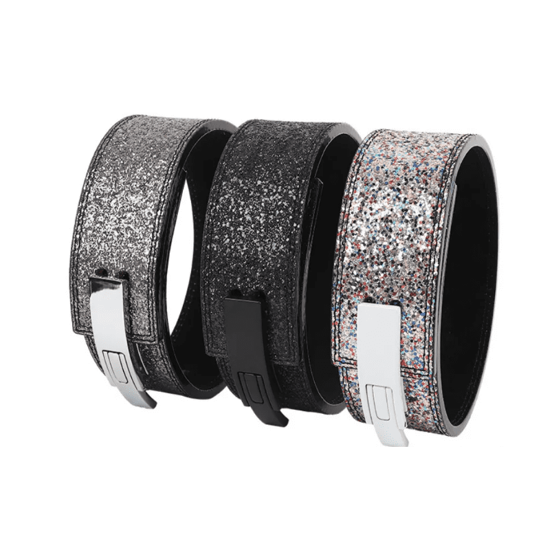 "Comparaison des trois coloris (blanc, noir, gris) de la Ceinture Powerlifting à Paillettes."