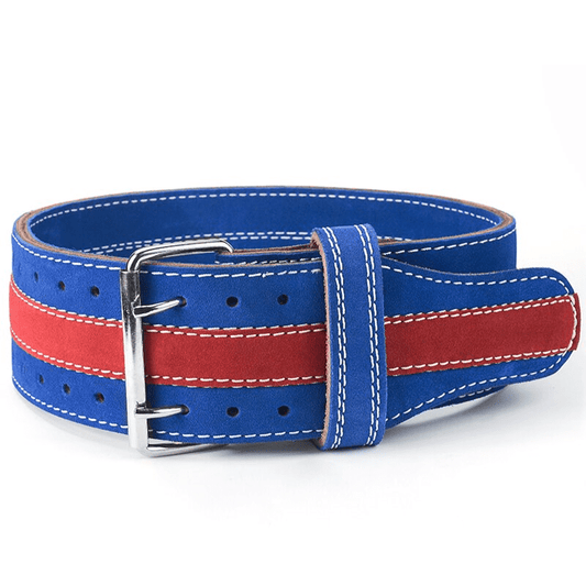 "Cuir robuste bleu et rouge de la ceinture de musculation bicolore, un accessoire de fitness stylé et fonctionnel, idéal pour le powerlifting et le bodybuilding."