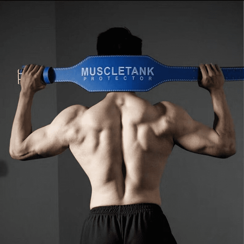"Matériel de musculation de haute qualité - Ceinture MuscleTank Bleu, respirante et durable."