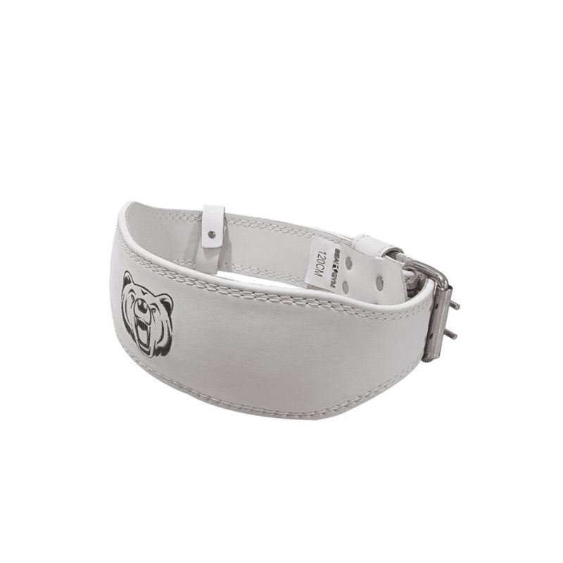 Ceinture de Musculation Ours blanche avec logo d'ours stylisé, idéale pour un soutien lombaire optimal durant vos séances de musculation.