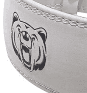 Ceinture de Musculation Ours blanche avec logo d'ours stylisé, idéale pour un soutien lombaire optimal durant vos séances.