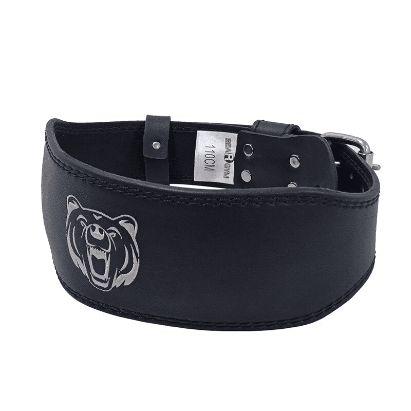 Une ceinture de musculation de couleur noire arborant un logo d'ours, symbolisant la force et la détermination pour un entraînement de musculation efficace.