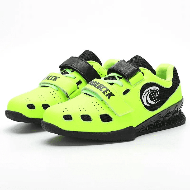 "Chaussures de powerlifting vert fluo, parfaites pour les entraînements intensifs."