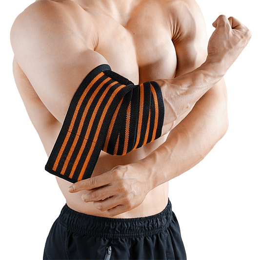 Coudière de musculation orange pour un soutien optimal du coude pendant l'entraînement.
