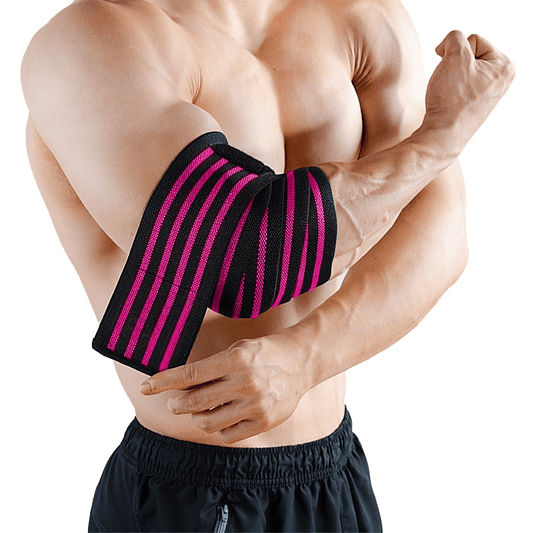 Coudière de musculation rose pour un soutien optimal du coude pendant l'entraînement.
