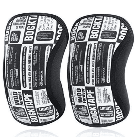 Genouillère Crossfit Black & White, offrant un soutien remarquable des genoux, durable et élégante avec son design noir et blanc pour une performance sportive de haut niveau.