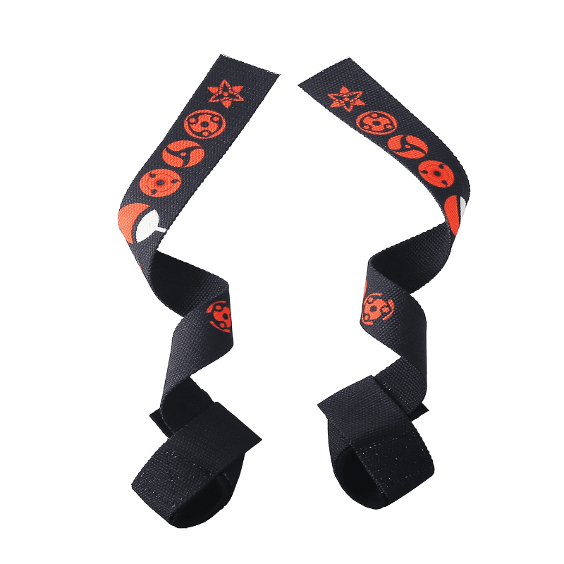 "Sangle musculation noire avec motifs Sharingan, parfaite pour les fans de fitness et d'anime."