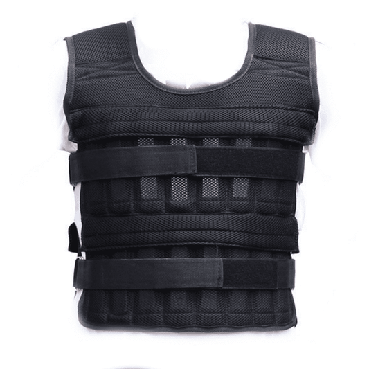 Gilet lesté ajustable à 35kg avec des plaques en métal pour un entraînement personnalisé et intensif.